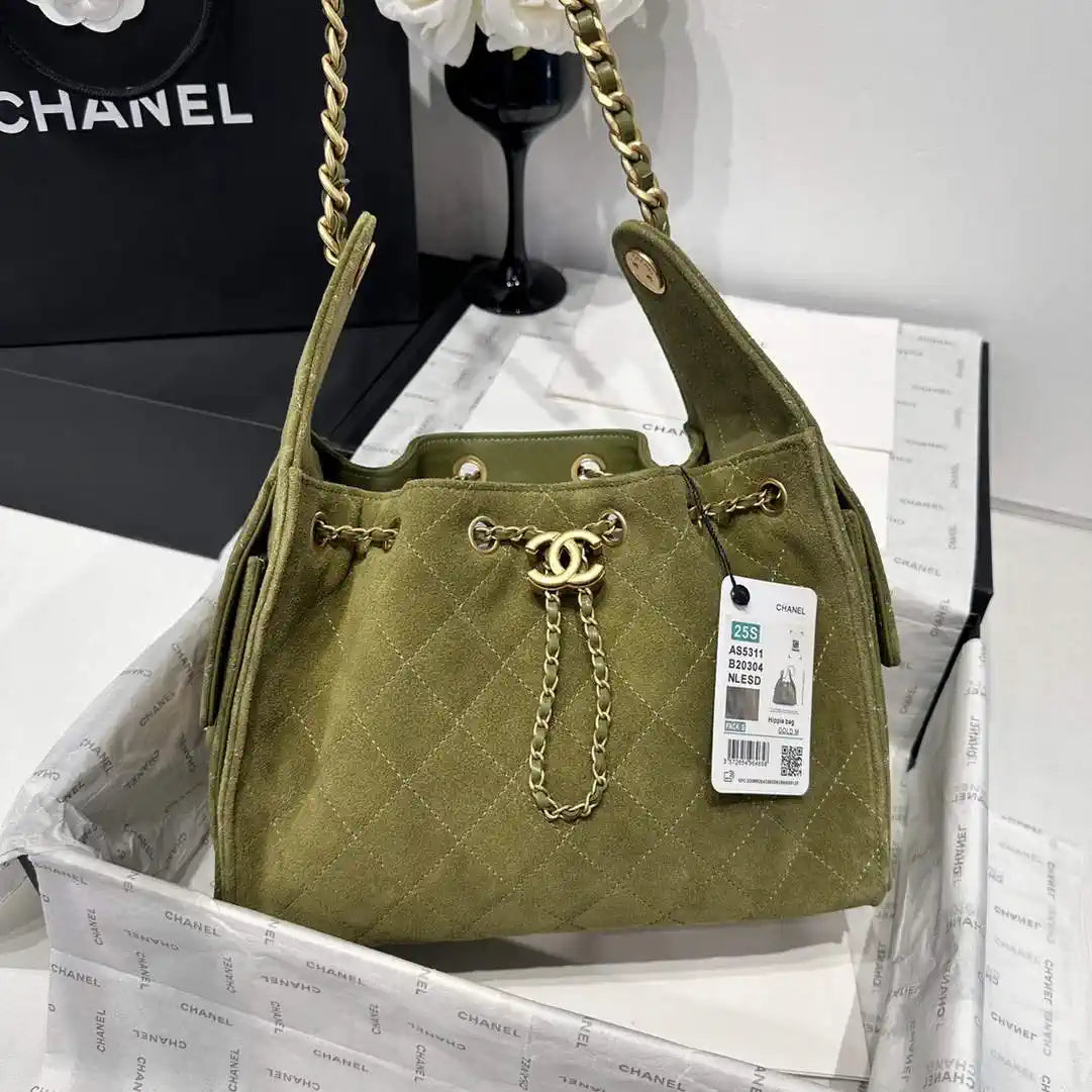 Chanel AS5293 Small Hobo Suede & Gold-Tone Metal Bronze Green
