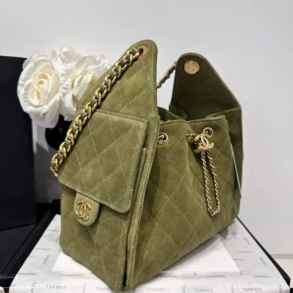 Chanel AS5293 Small Hobo Suede & Gold-Tone Metal Bronze Green