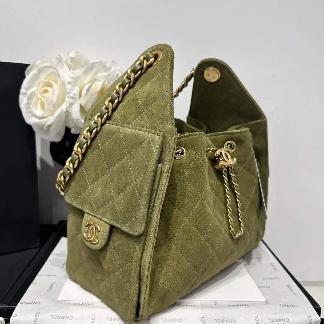 Chanel AS5293 Small Hobo Suede & Gold-Tone Metal Bronze Green
