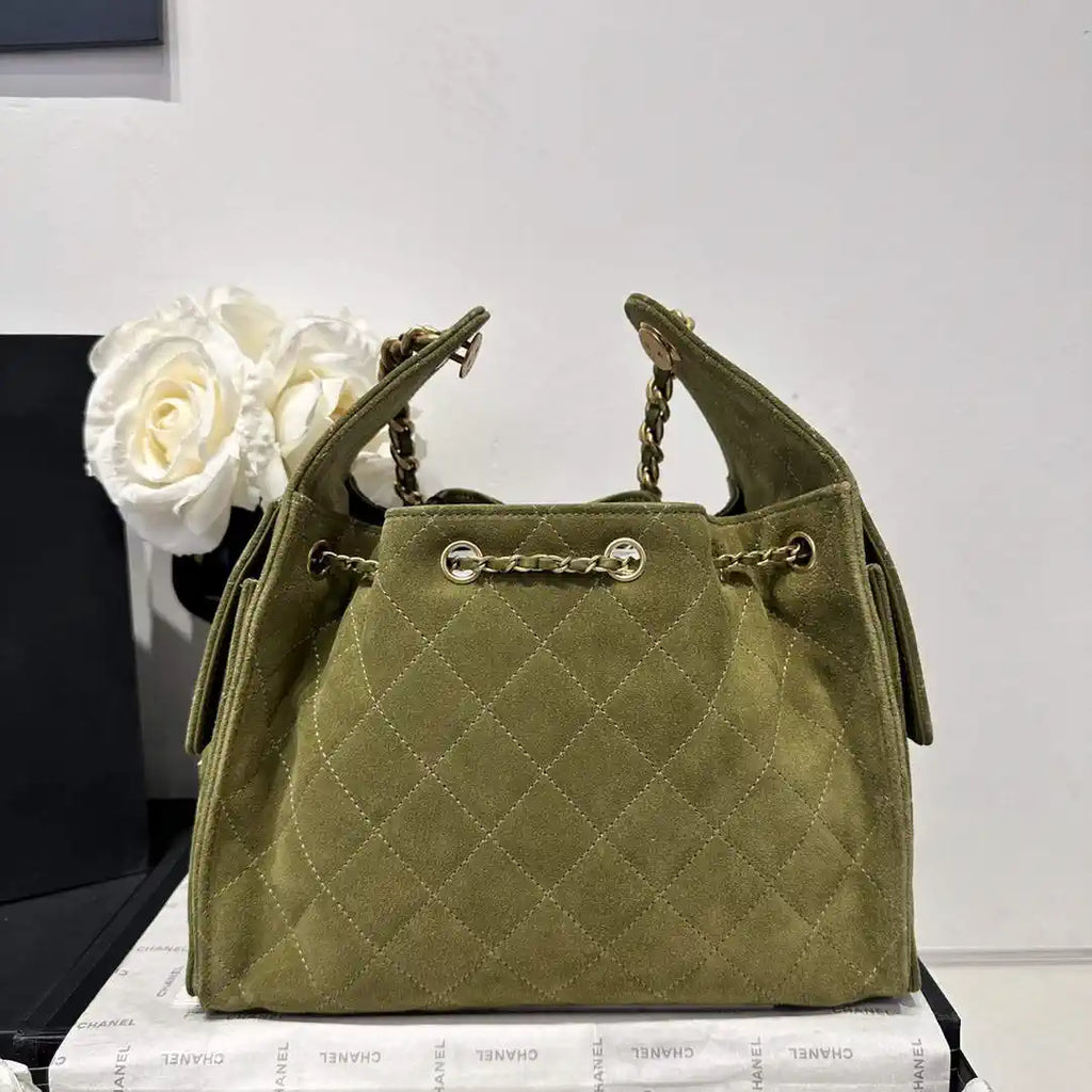 Chanel AS5293 Small Hobo Suede & Gold-Tone Metal Bronze Green
