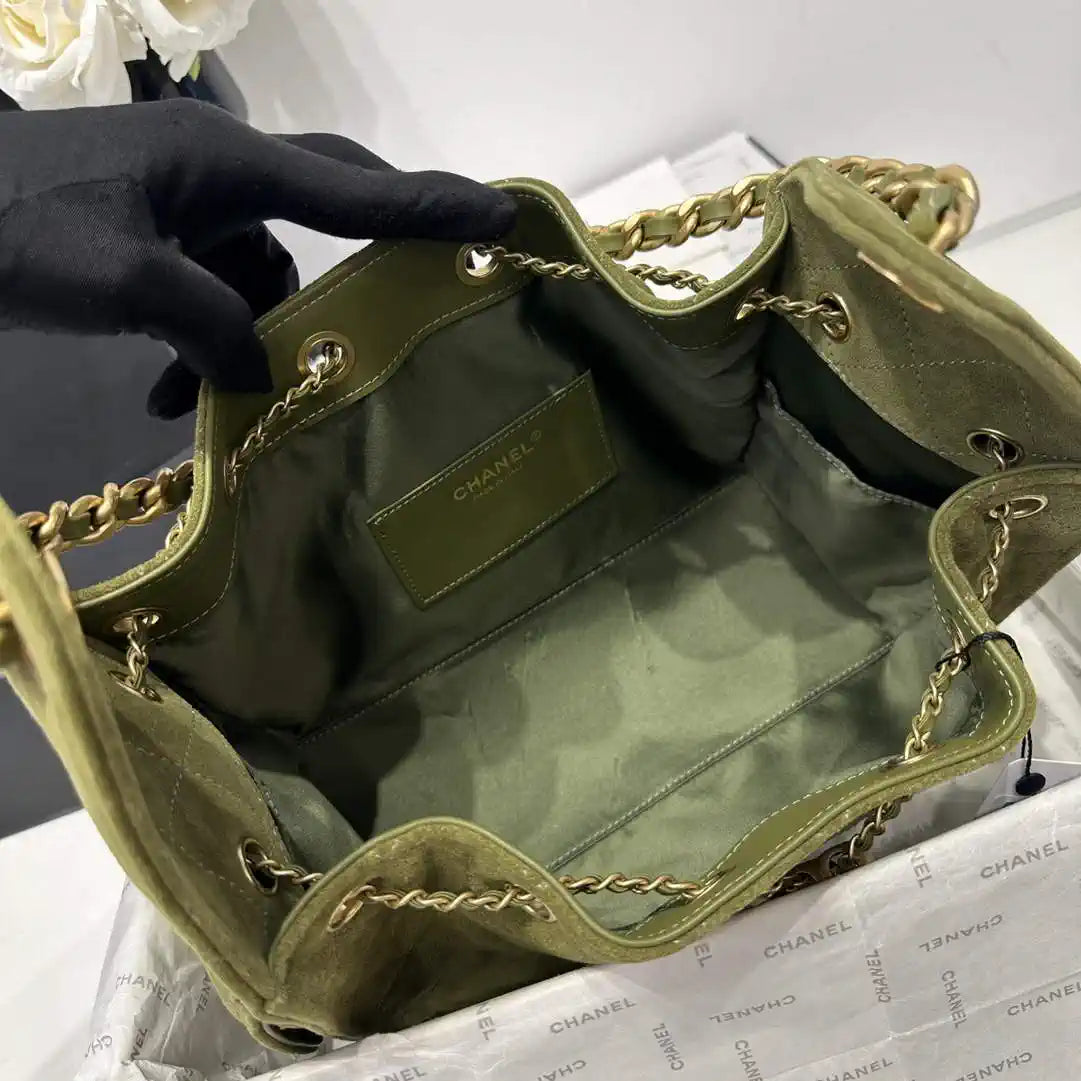 Chanel AS5293 Small Hobo Suede & Gold-Tone Metal Bronze Green