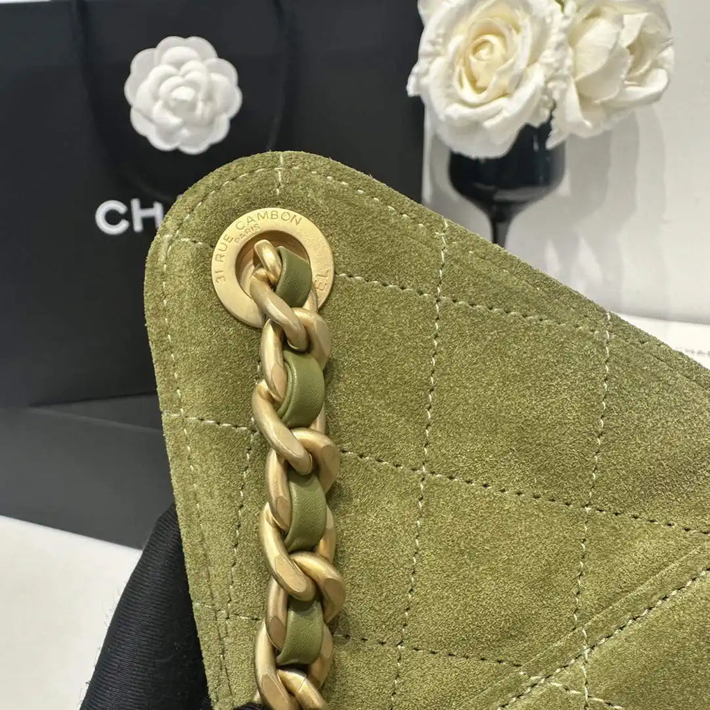 Chanel AS5293 Small Hobo Suede & Gold-Tone Metal Bronze Green