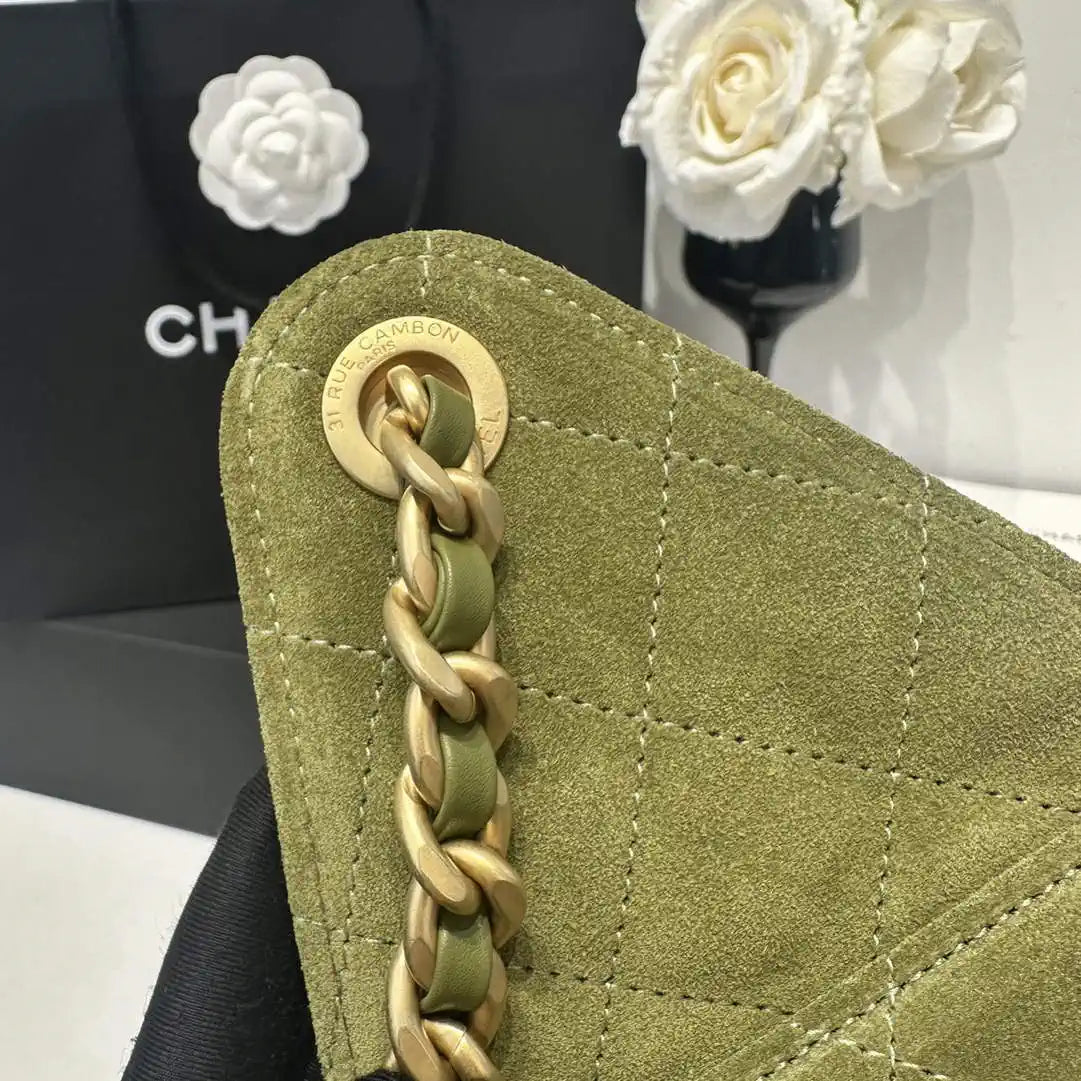 Chanel AS5293 Small Hobo Suede & Gold-Tone Metal Bronze Green