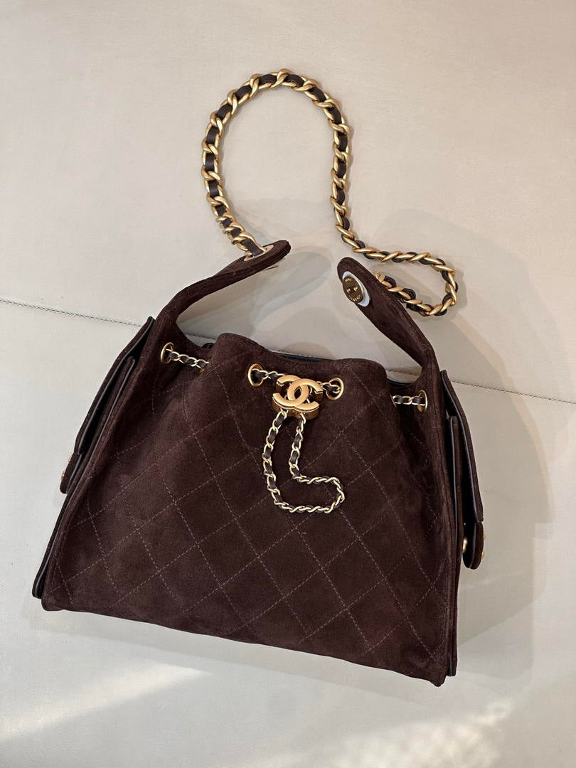 Chanel AS5293 Small Hobo Suede & Gold-Tone Metal Dark Brown