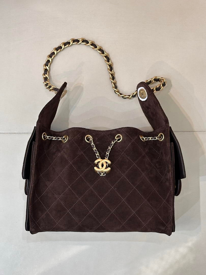 Chanel AS5293 Small Hobo Suede & Gold-Tone Metal Dark Brown