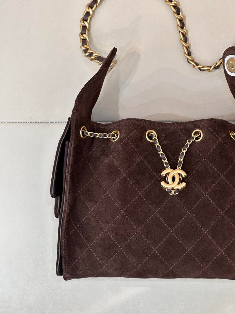 Chanel AS5293 Small Hobo Suede & Gold-Tone Metal Dark Brown