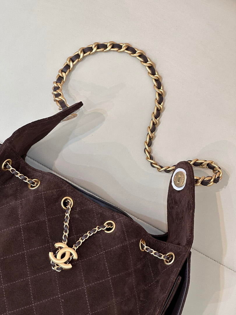 Chanel AS5293 Small Hobo Suede & Gold-Tone Metal Dark Brown
