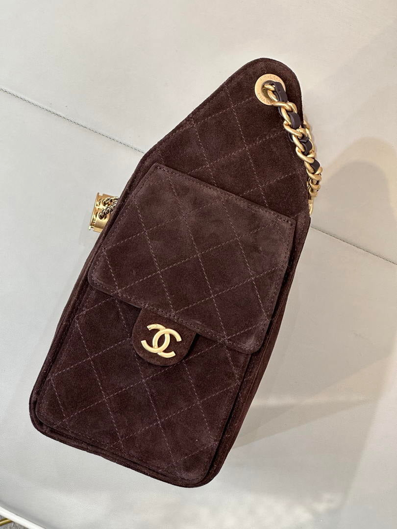 Chanel AS5293 Small Hobo Suede & Gold-Tone Metal Dark Brown