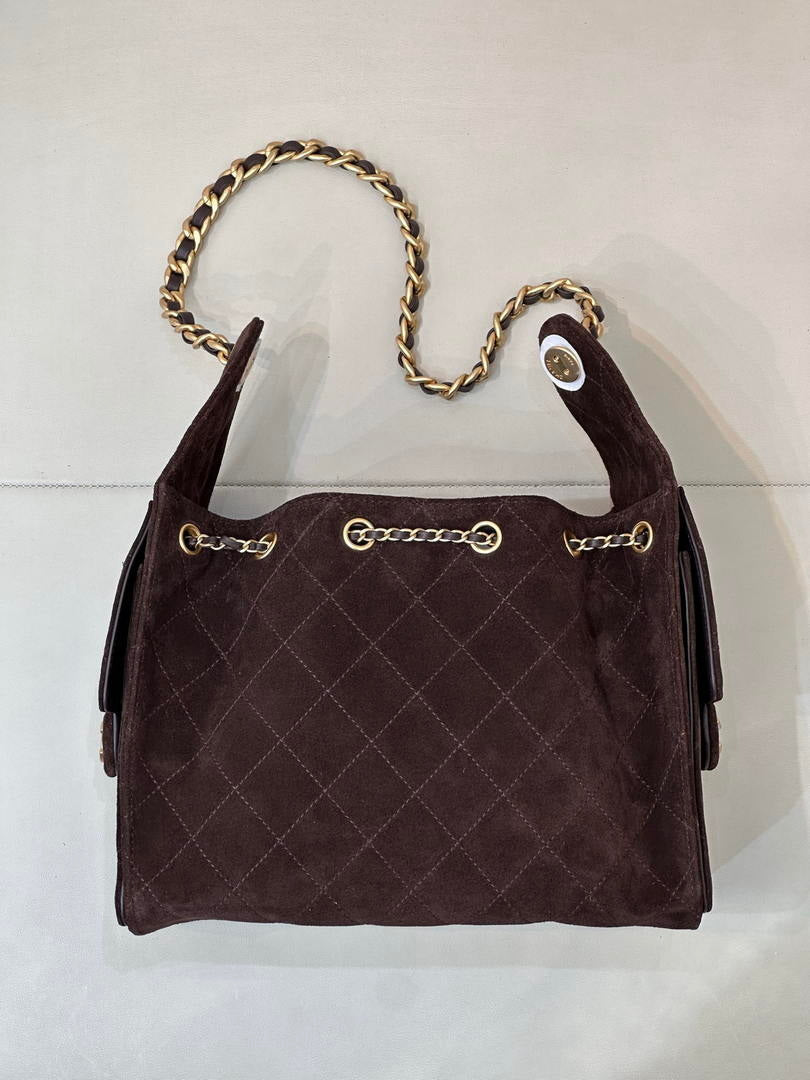 Chanel AS5293 Small Hobo Suede & Gold-Tone Metal Dark Brown