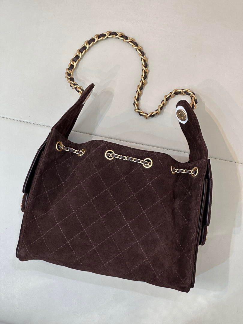 Chanel AS5293 Small Hobo Suede & Gold-Tone Metal Dark Brown
