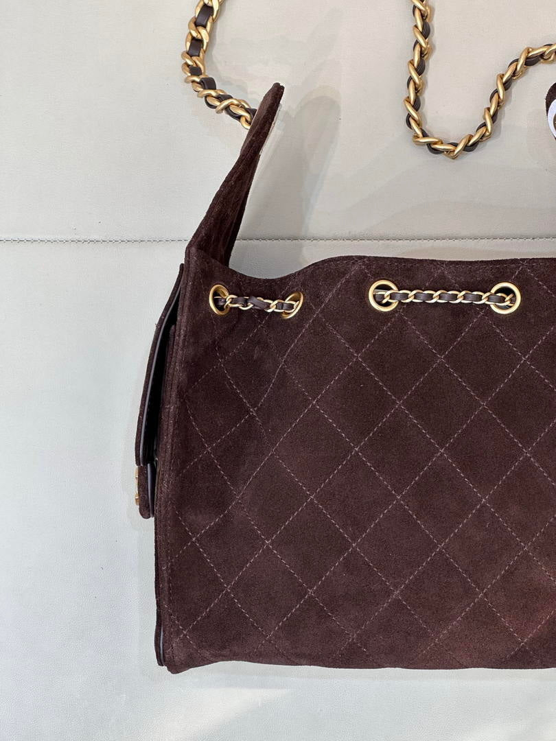 Chanel AS5293 Small Hobo Suede & Gold-Tone Metal Dark Brown