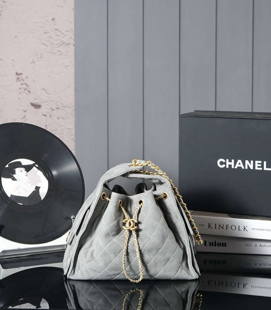 Chanel AS5293 Small Hobo Suede & Gold-Tone Metal Elephant Gray