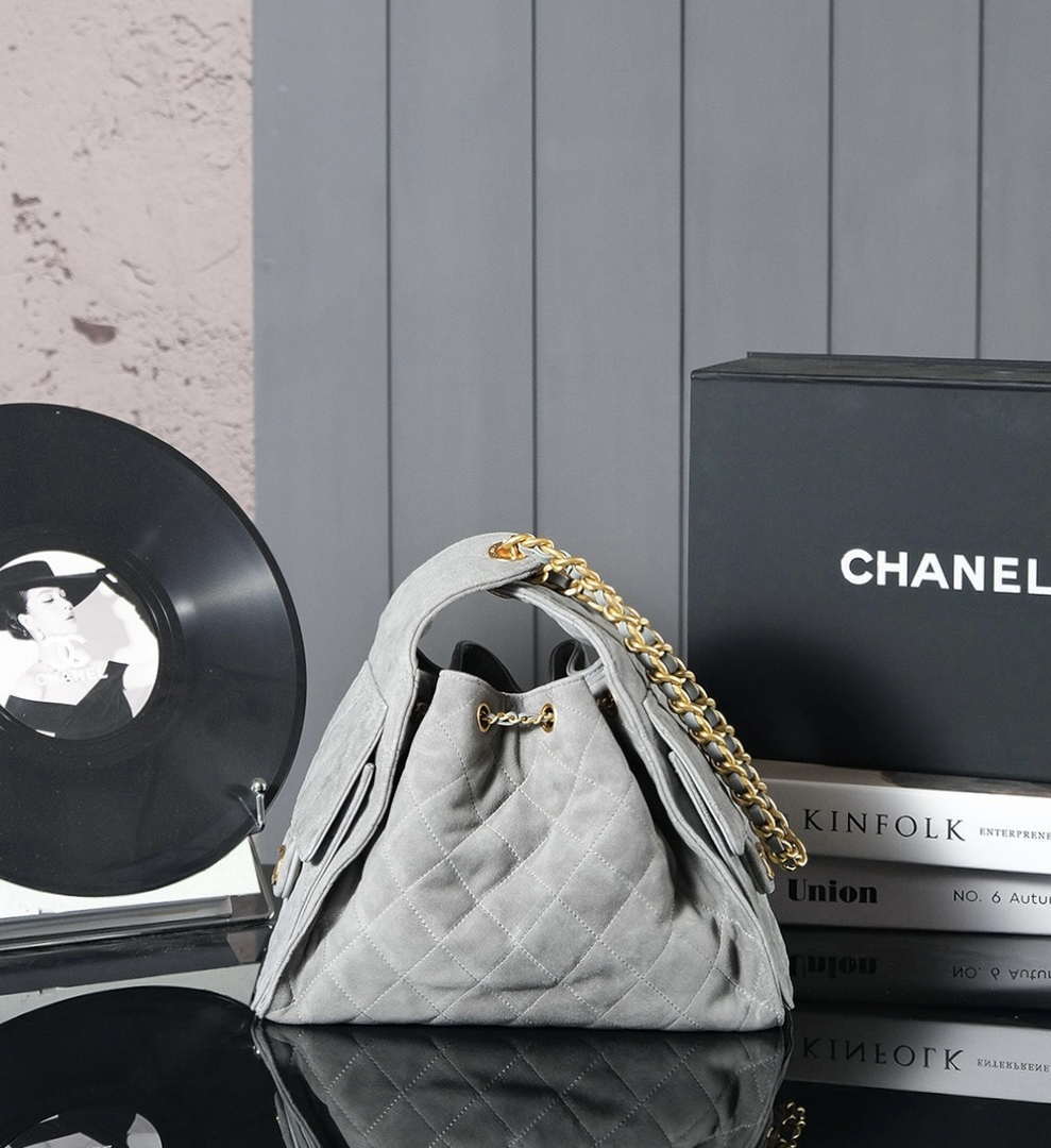 Chanel AS5293 Small Hobo Suede & Gold-Tone Metal Elephant Gray - Default Title - View 3