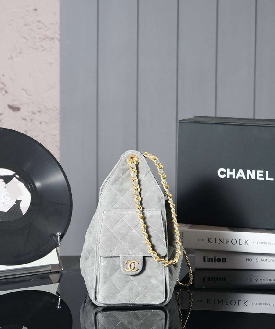 Chanel AS5293 Small Hobo Suede & Gold-Tone Metal Elephant Gray