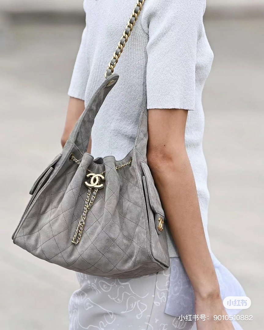 Chanel AS5293 Small Hobo Suede & Gold-Tone Metal Elephant Gray - Default Title - View 10