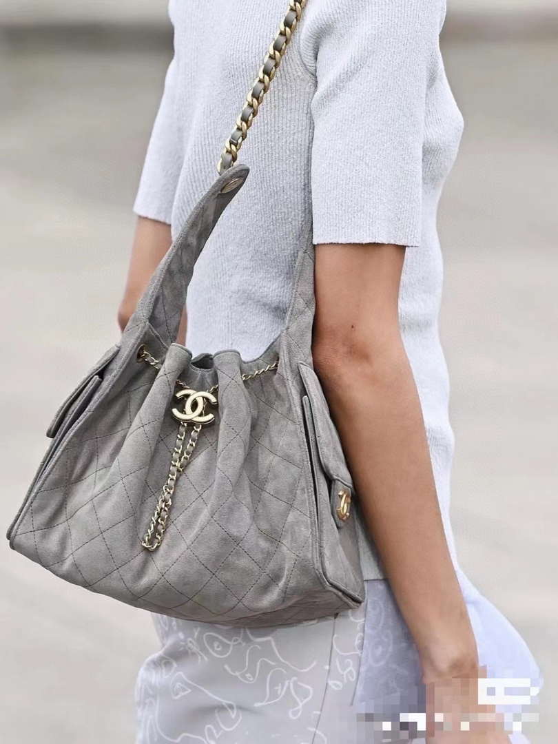 Chanel AS5293 Small Hobo Suede & Gold-Tone Metal Elephant Gray