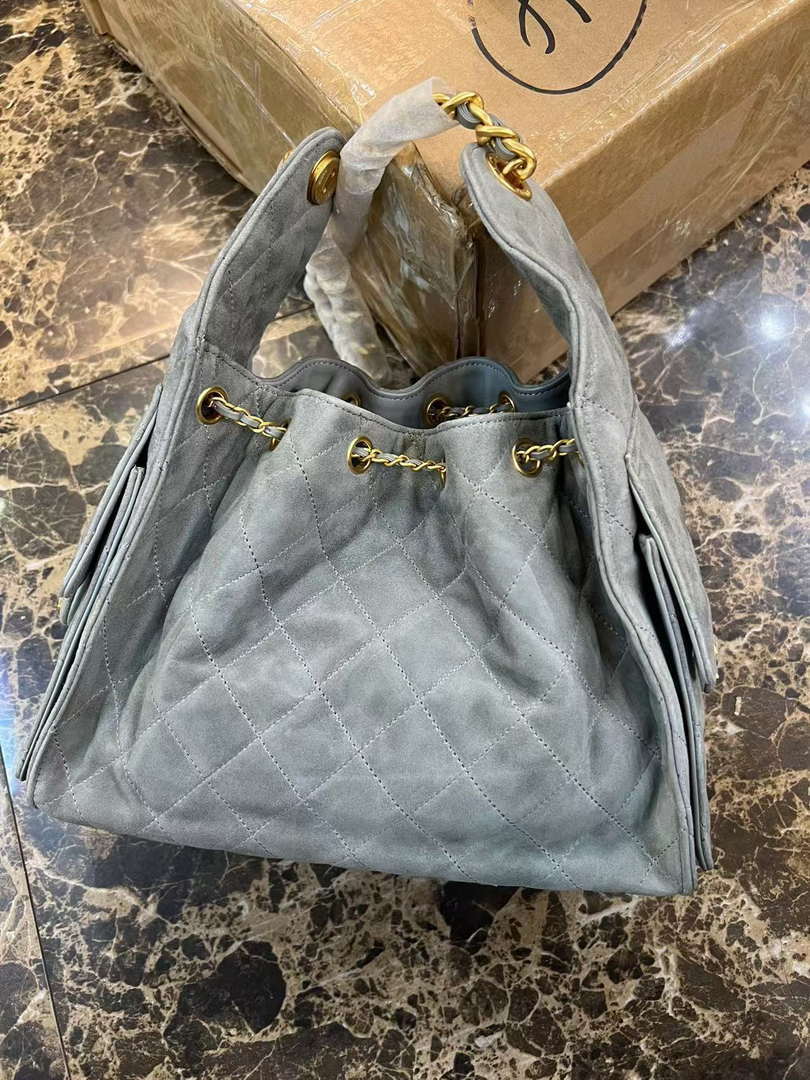 Chanel AS5293 Small Hobo Suede & Gold-Tone Metal Elephant Gray