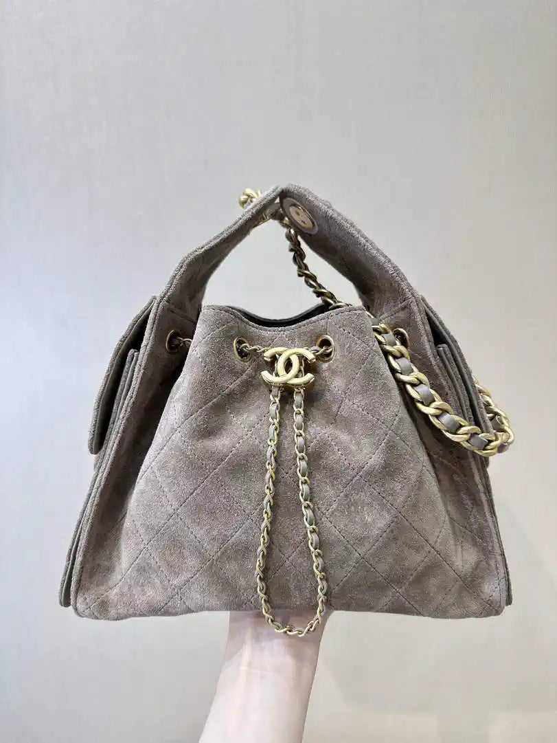 Chanel AS5293 Small Hobo Suede & Gold-Tone Metal Gray