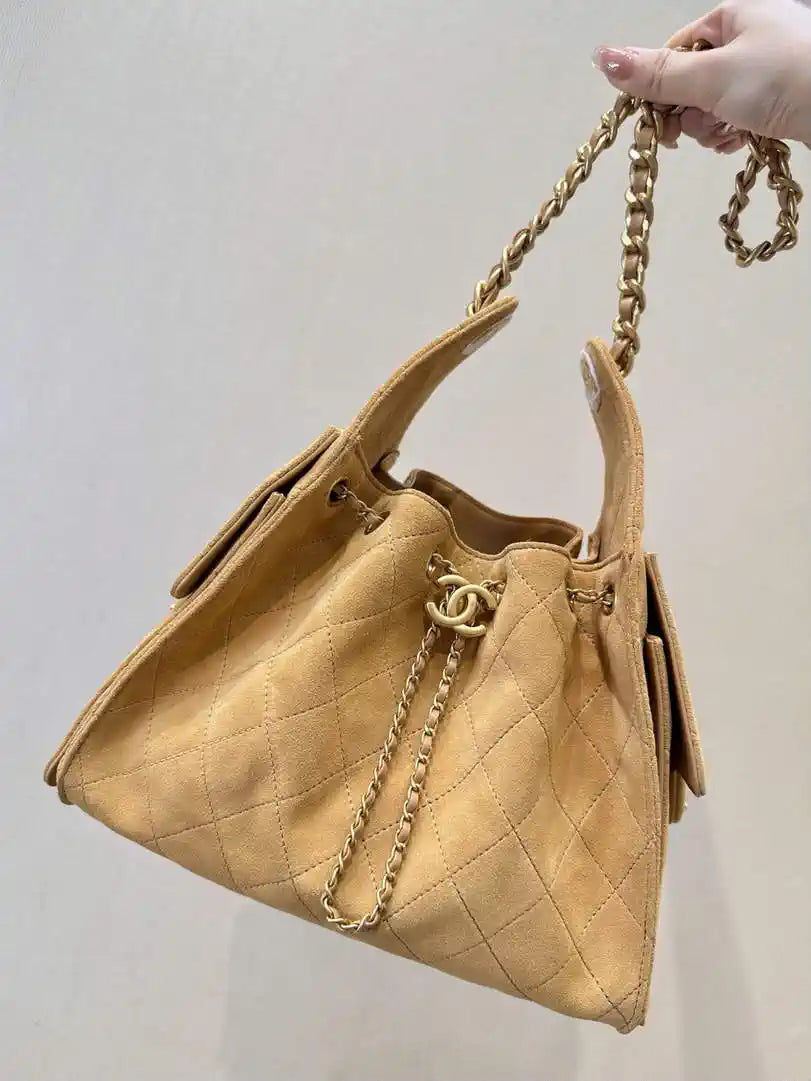 Chanel AS5293 Small Hobo Suede & Gold-Tone Metal khaki