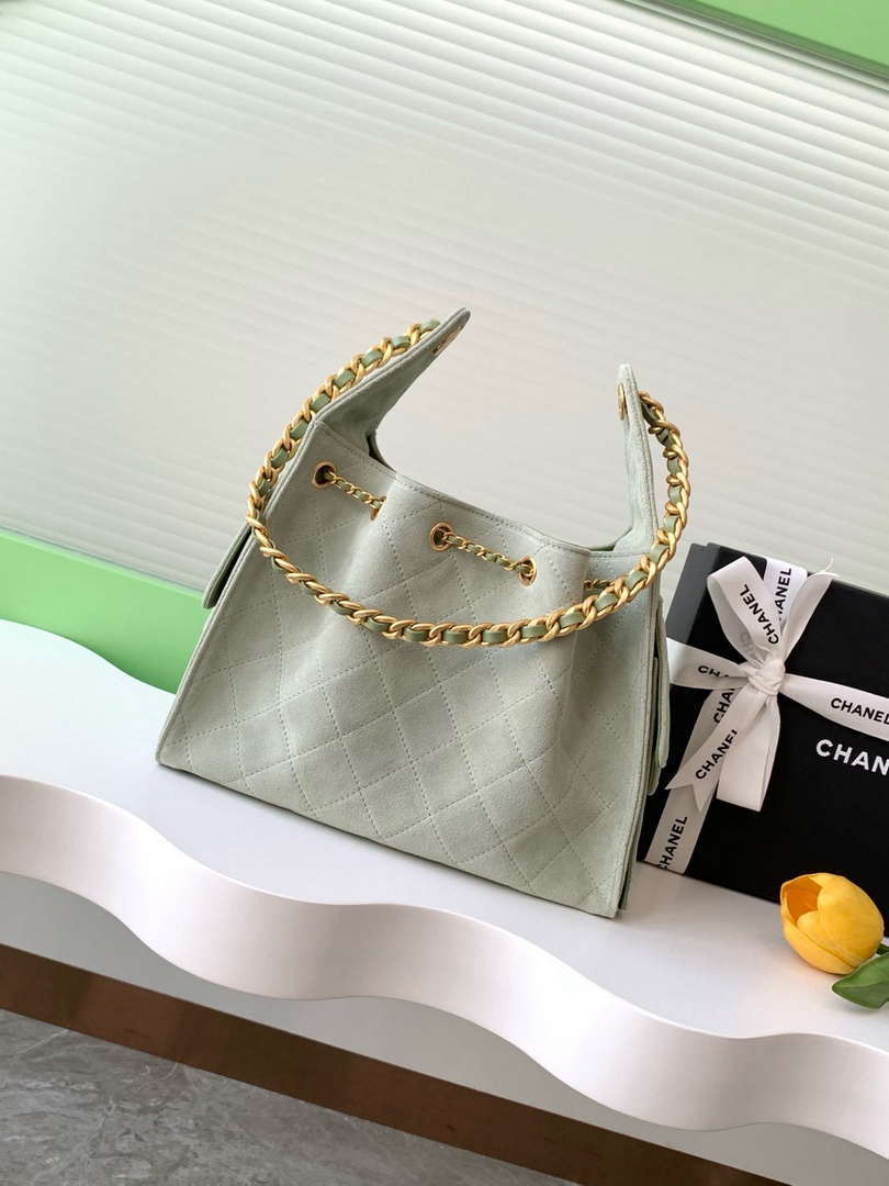 Chanel AS5293 Small Hobo Suede & Gold-Tone Metal Light Green