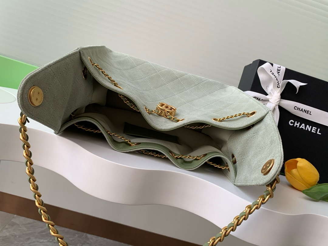 Chanel AS5293 Small Hobo Suede & Gold-Tone Metal Light Green