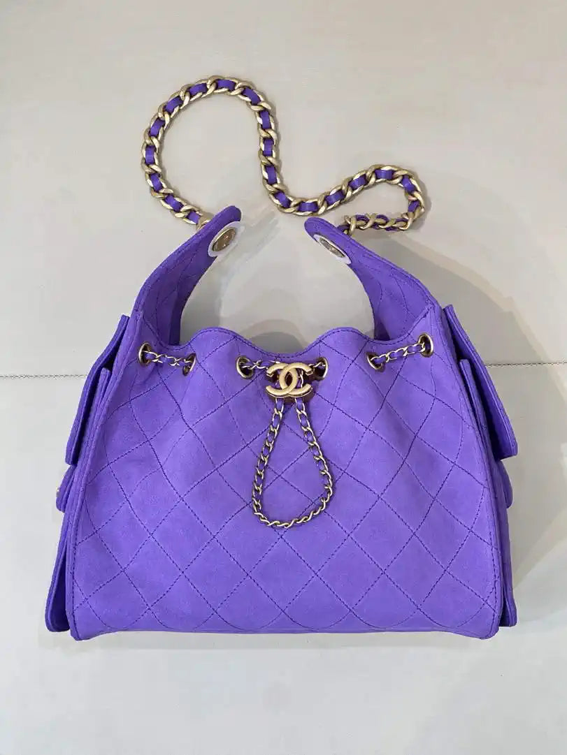 Chanel AS5293 Small Hobo Suede & Gold-Tone Metal Purple Blue