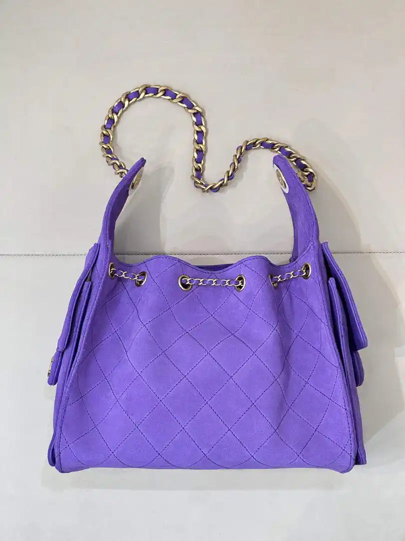 Chanel AS5293 Small Hobo Suede & Gold-Tone Metal Purple Blue