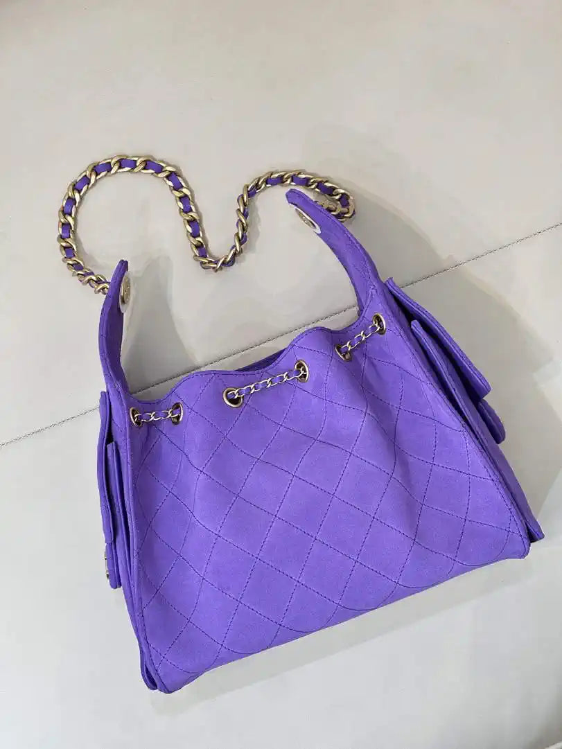Chanel AS5293 Small Hobo Suede & Gold-Tone Metal Purple Blue