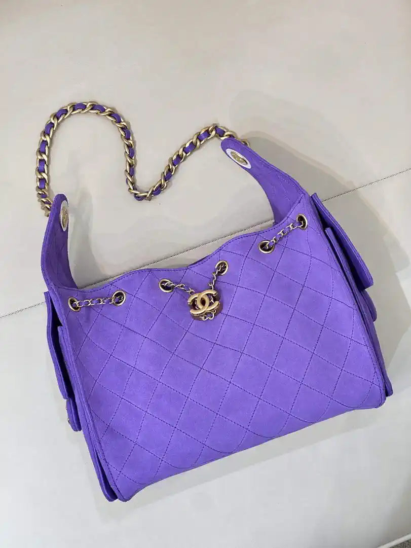 Chanel AS5293 Small Hobo Suede & Gold-Tone Metal Purple Blue