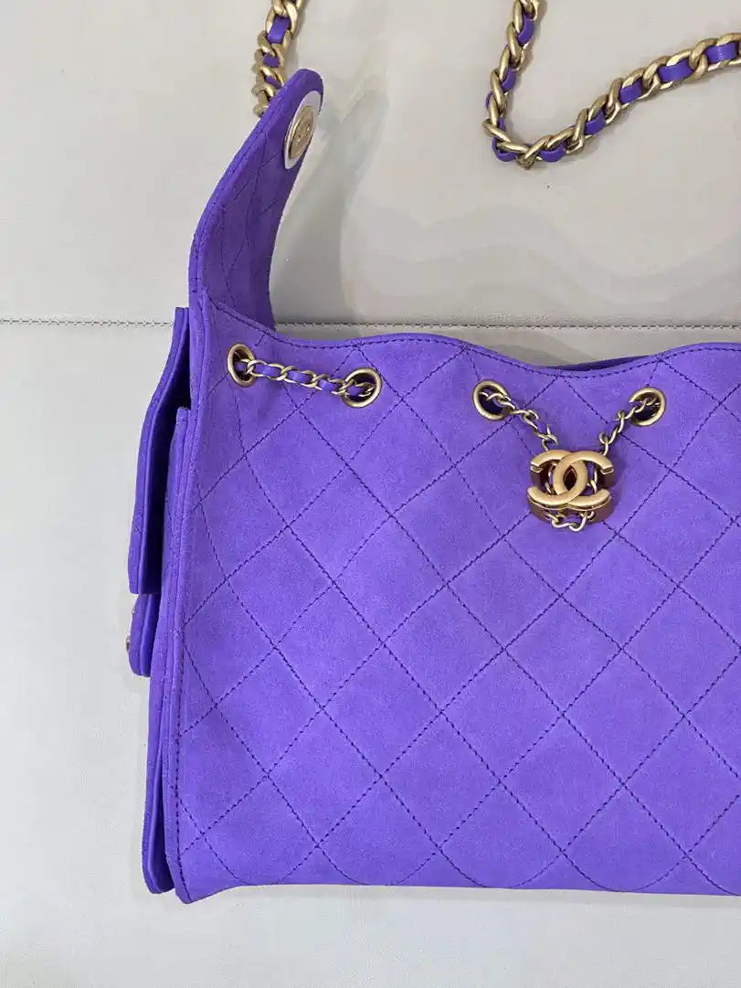 Chanel AS5293 Small Hobo Suede & Gold-Tone Metal Purple Blue