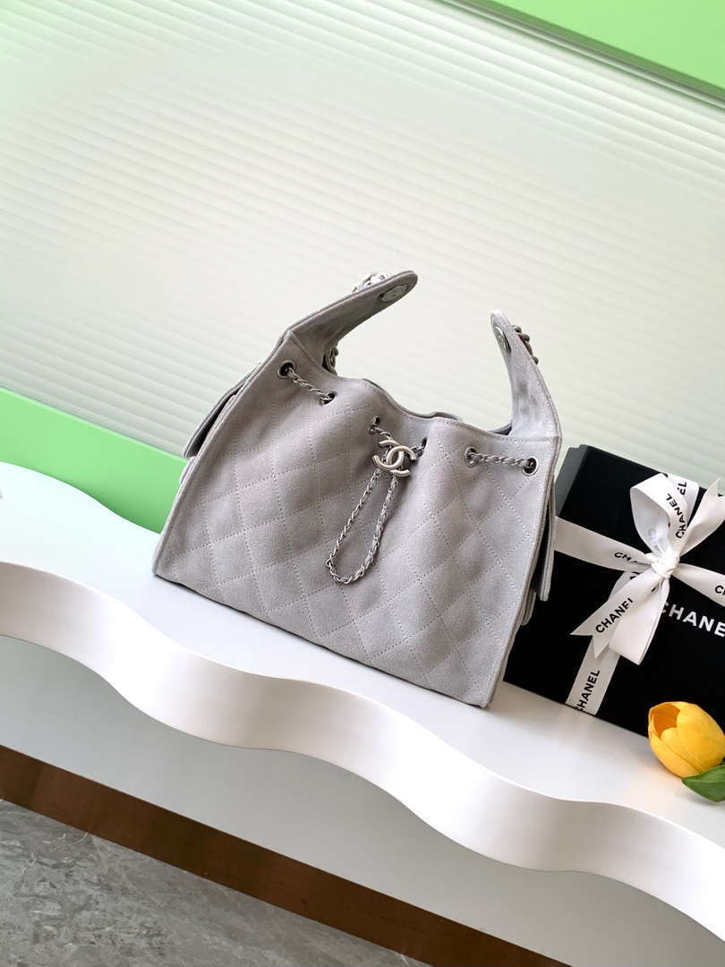 Chanel AS5293 Small Hobo Suede & Silver-Tone Metal Elephant Gray - Default Title - View 1