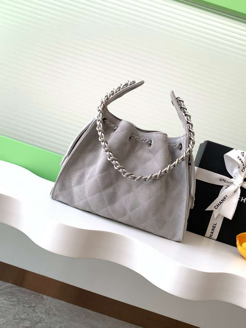 Chanel AS5293 Small Hobo Suede & Silver-Tone Metal Elephant Gray