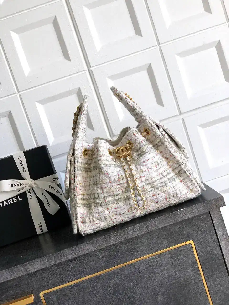 Chanel AS5293 Small Hobo Tweed & Gold-Tone Metal Beige