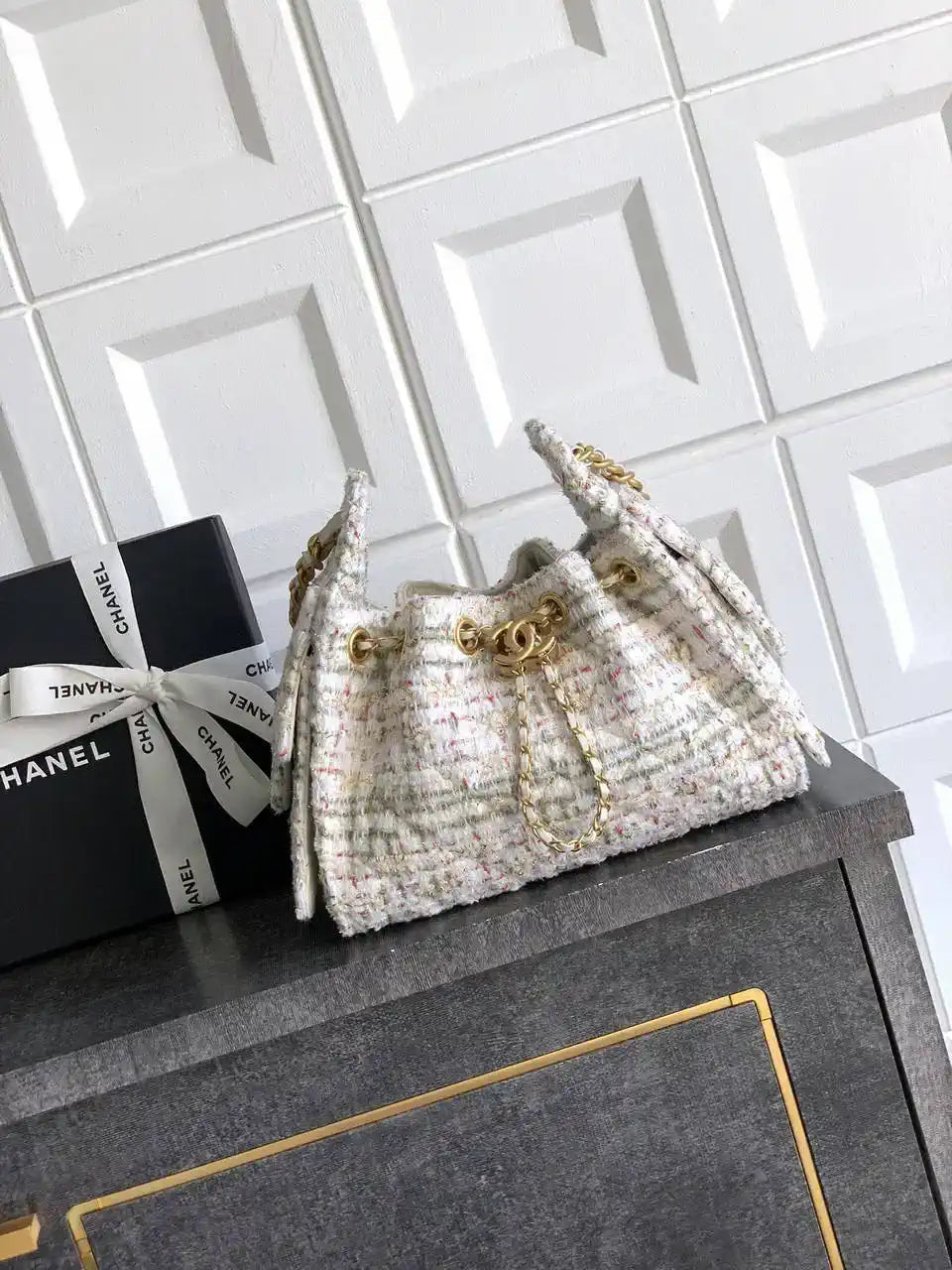 Chanel AS5293 Small Hobo Tweed & Gold-Tone Metal Beige