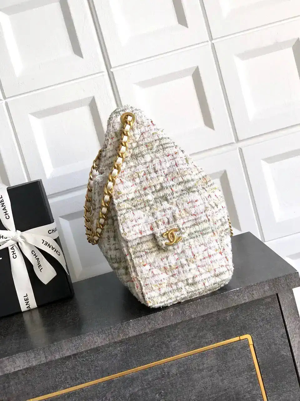 Chanel AS5293 Small Hobo Tweed & Gold-Tone Metal Beige