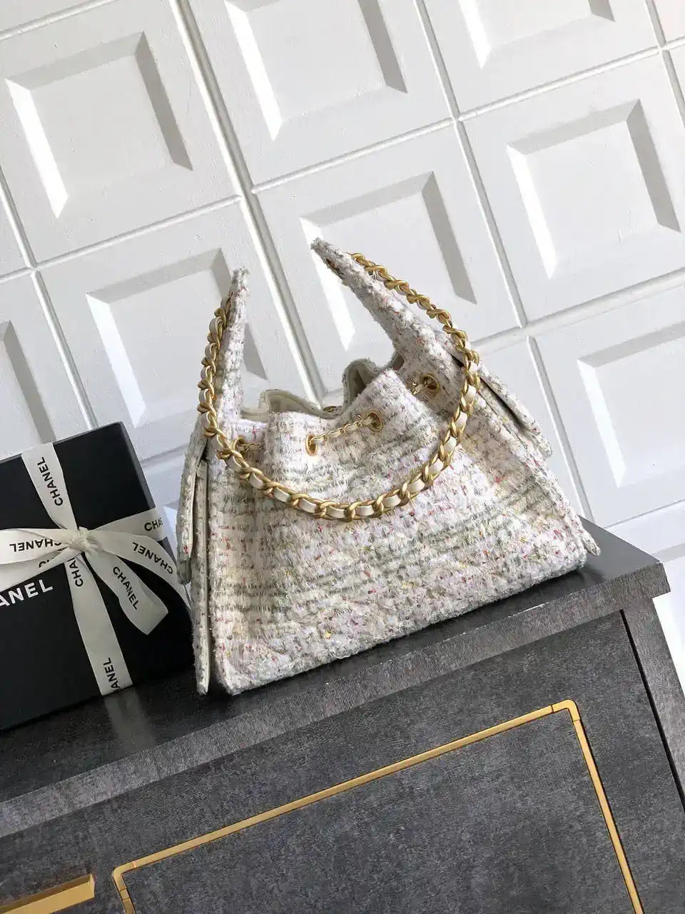 Chanel AS5293 Small Hobo Tweed & Gold-Tone Metal Beige