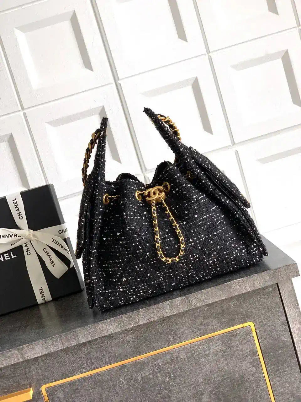 Chanel AS5293 Small Hobo Tweed & Gold-Tone Metal Black