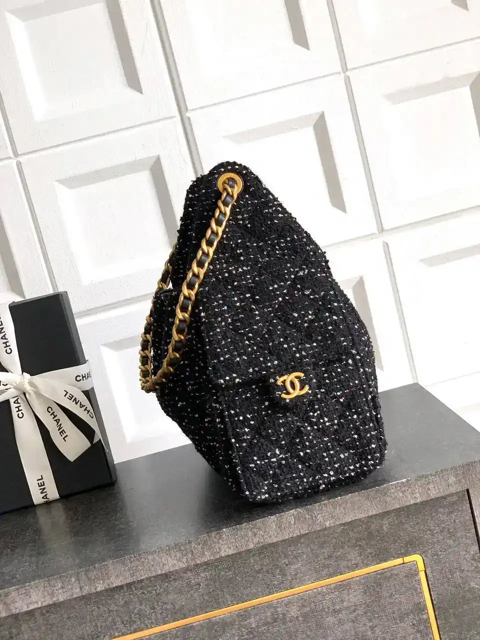 Chanel AS5293 Small Hobo Tweed & Gold-Tone Metal Black