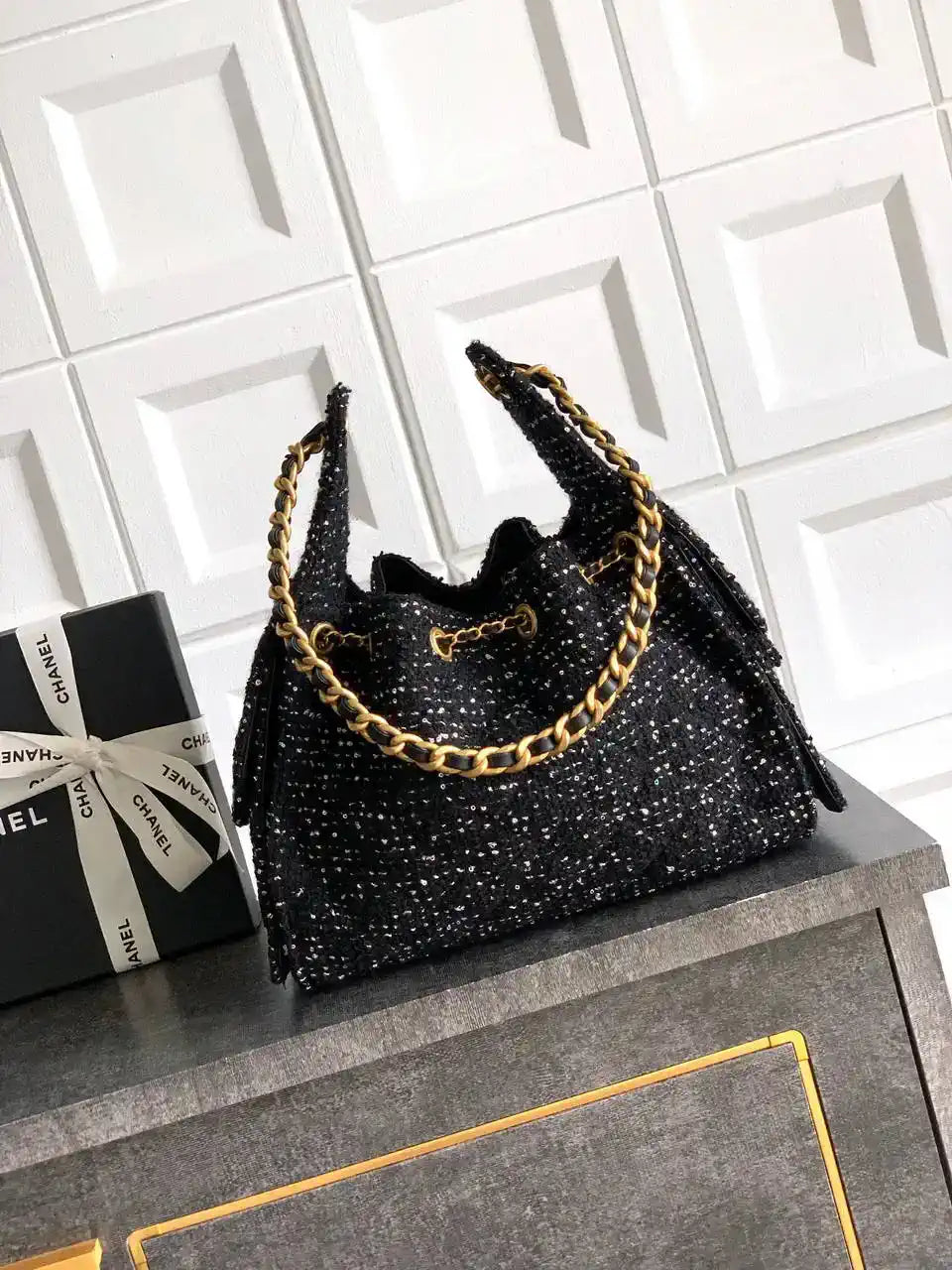 Chanel AS5293 Small Hobo Tweed & Gold-Tone Metal Black