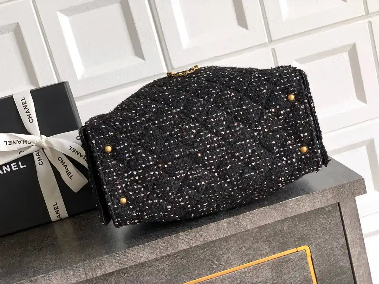 Chanel AS5293 Small Hobo Tweed & Gold-Tone Metal Black