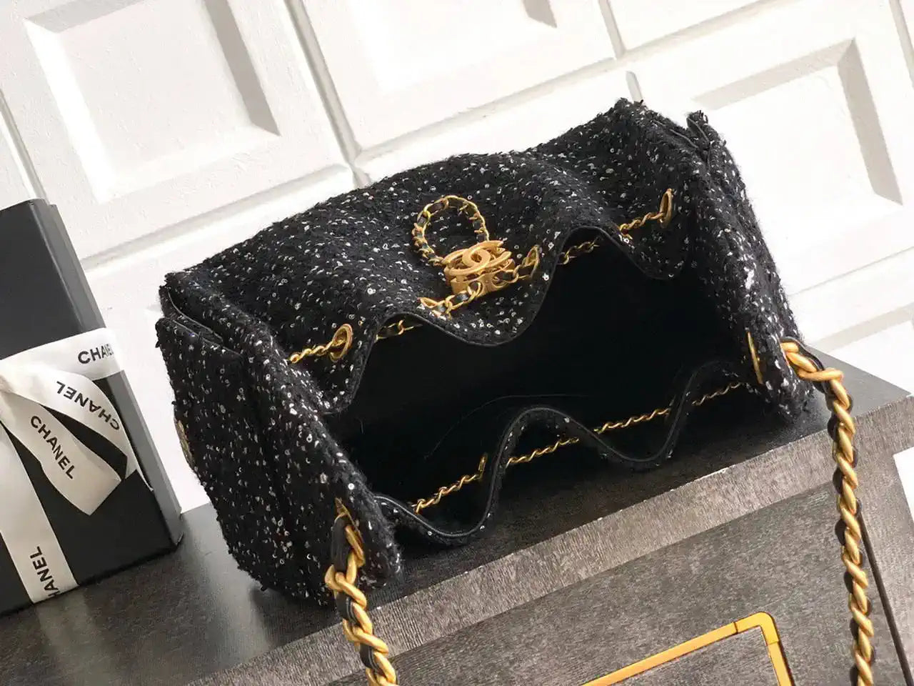 Chanel AS5293 Small Hobo Tweed & Gold-Tone Metal Black