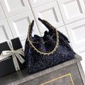Chanel AS5293 Small Hobo Tweed & Gold-Tone Metal Dark Blue