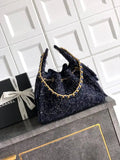 Chanel AS5293 Small Hobo Tweed & Gold-Tone Metal Dark Blue