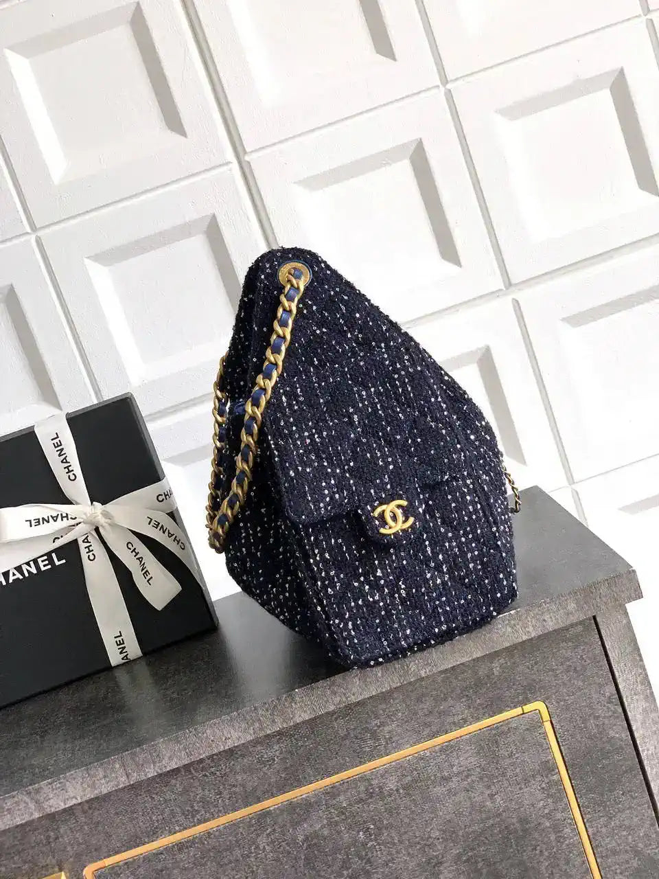 Chanel AS5293 Small Hobo Tweed & Gold-Tone Metal Dark Blue