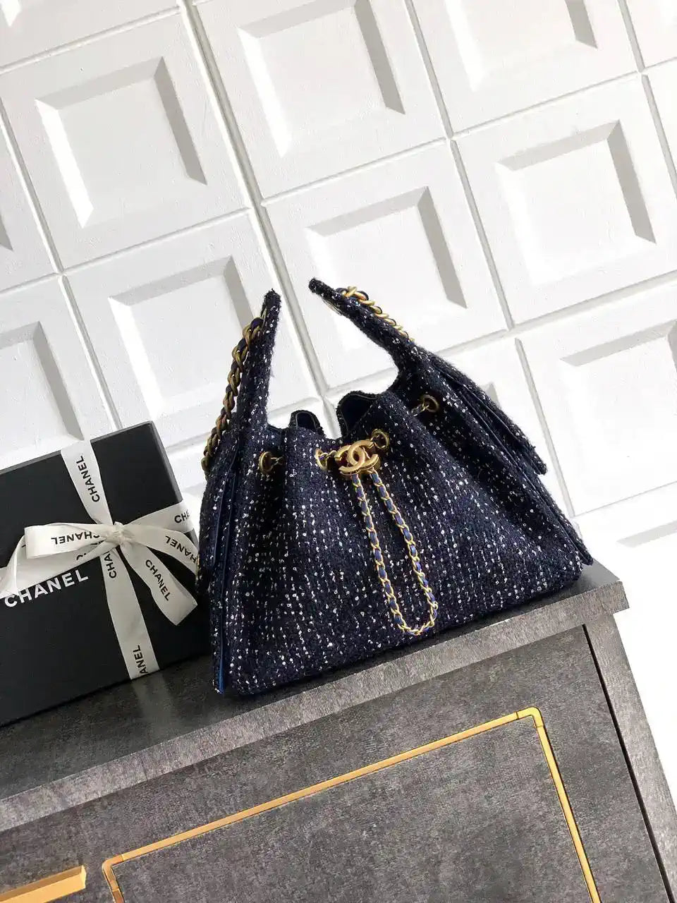 Chanel AS5293 Small Hobo Tweed & Gold-Tone Metal Dark Blue