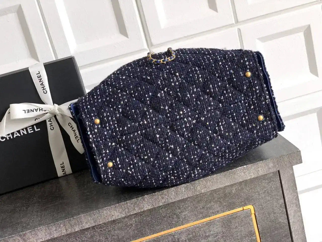 Chanel AS5293 Small Hobo Tweed & Gold-Tone Metal Dark Blue