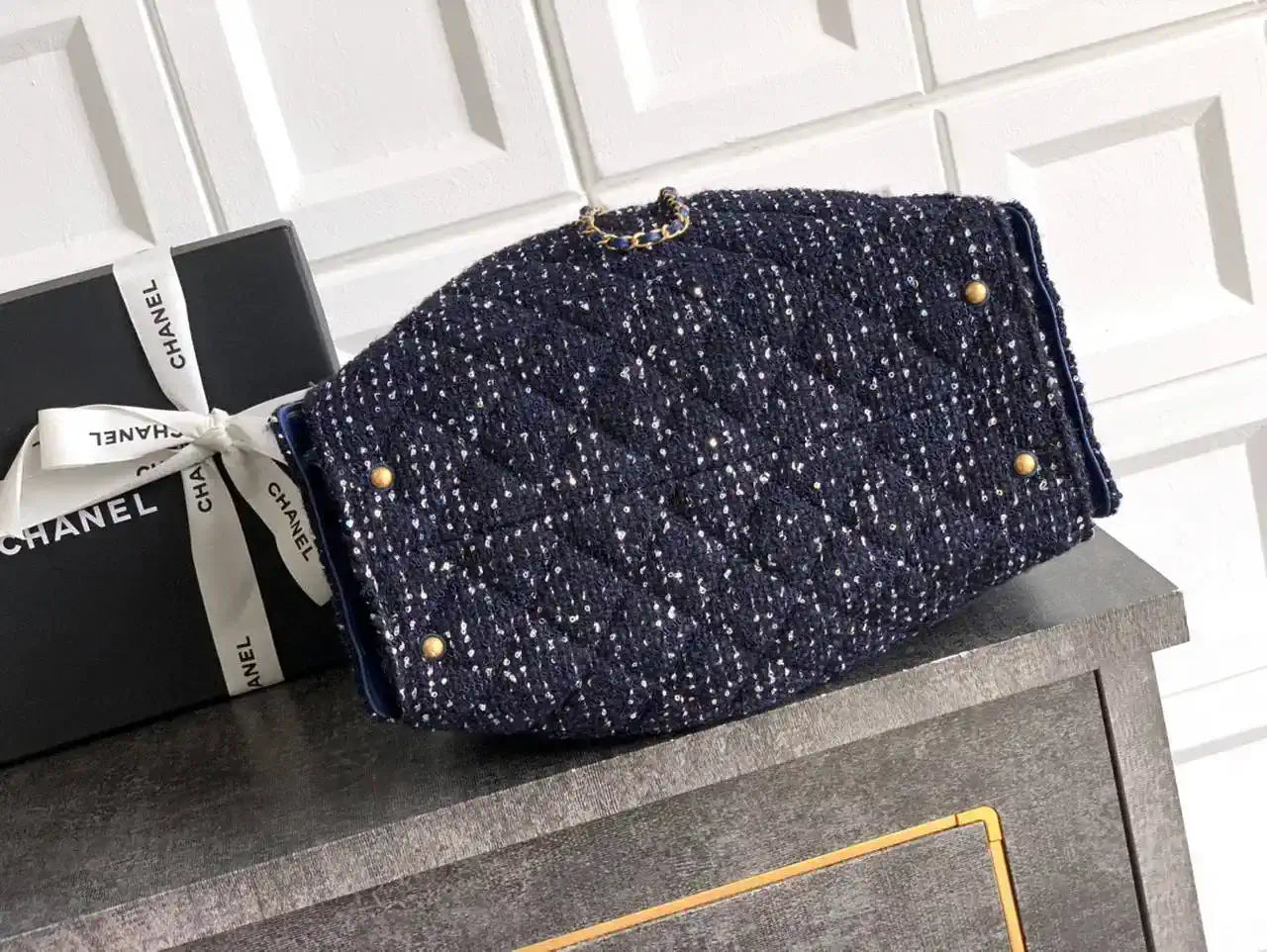 Chanel AS5293 Small Hobo Tweed & Gold-Tone Metal Dark Blue