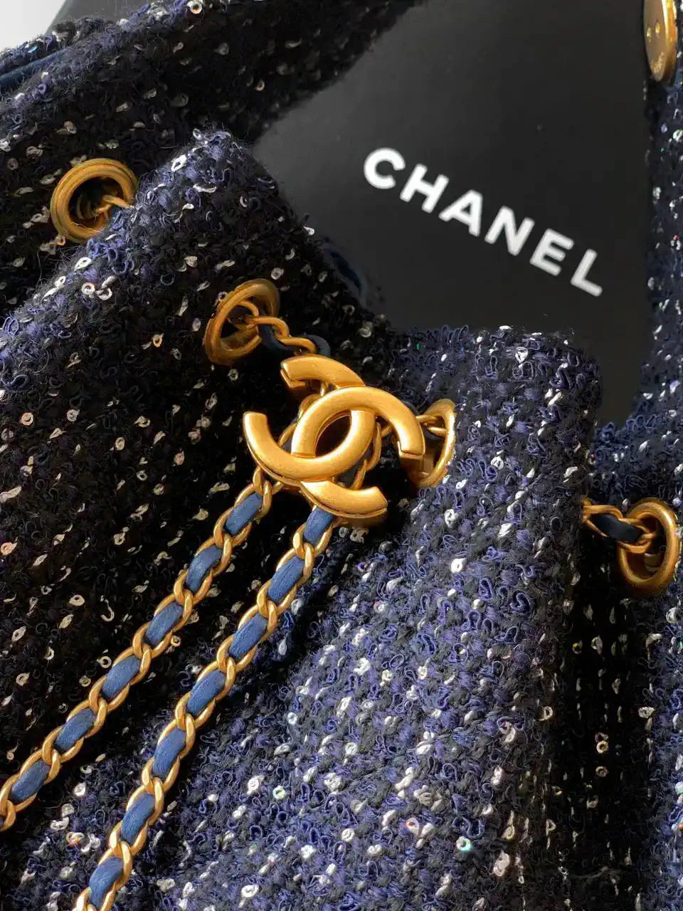 Chanel AS5293 Small Hobo Tweed & Gold-Tone Metal Dark Blue