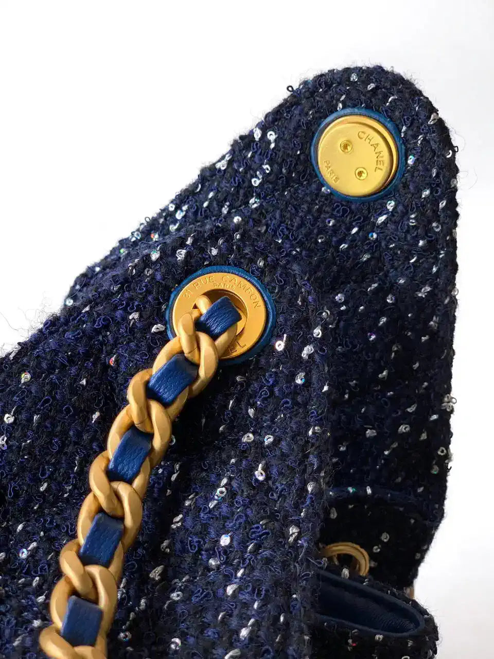 Chanel AS5293 Small Hobo Tweed & Gold-Tone Metal Dark Blue