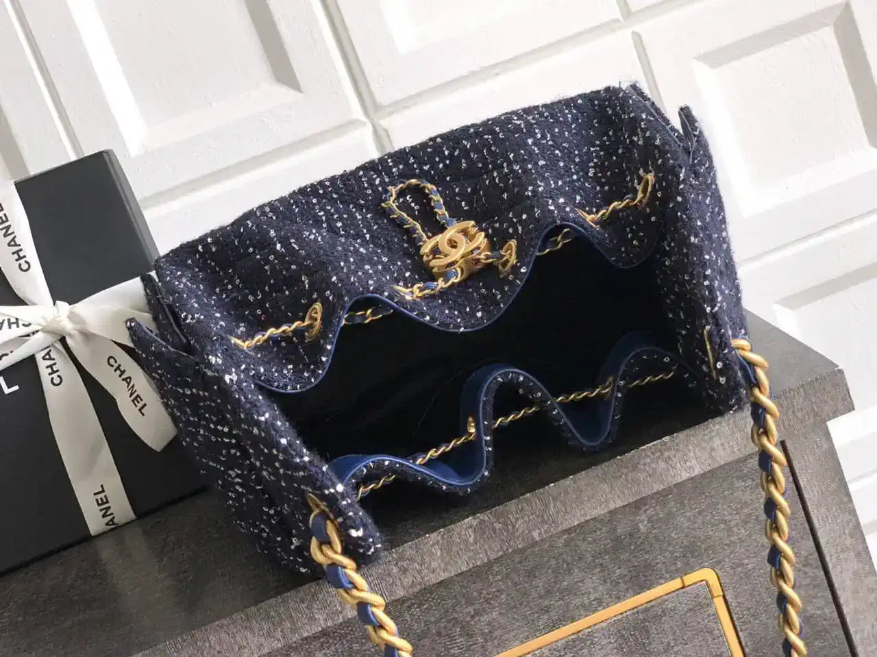 Chanel AS5293 Small Hobo Tweed & Gold-Tone Metal Dark Blue